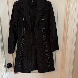 Chic Black Women's fitted flare open front duster with leather lace Detailing